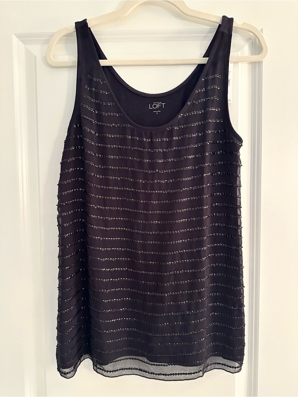 LOFT Navy Beaded Sheer Overlay Sleeveless Tank Top Size M NEW!